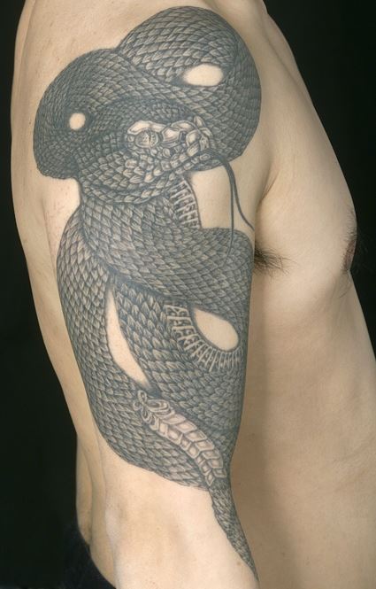 纹身男手臂上个性雕刻蛇纹身图案图片
