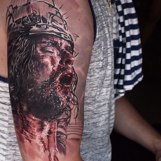 血腥风格宗教色彩耶稣肖像纹身图案图片