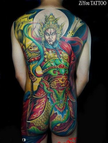 人体纹身男满背彩色二郎神纹身图案图片