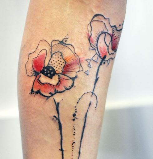 腿部彩色罂粟花纹身图案大全欣赏图片