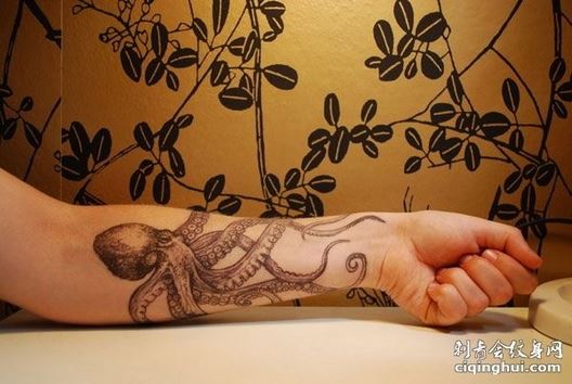 手臂上八爪章鱼素描纹身图案图片