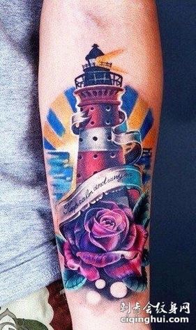 精选小臂玫瑰灯塔个性纹身图案图片