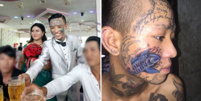 为庆祝结婚，越南一新郎满脸纹满纹身，婚礼当天“亮瞎”众人眼