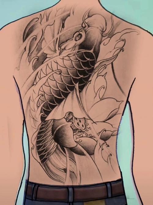 鲤鱼满背纹身图案高清 满背鲤鱼纹身手稿彩色